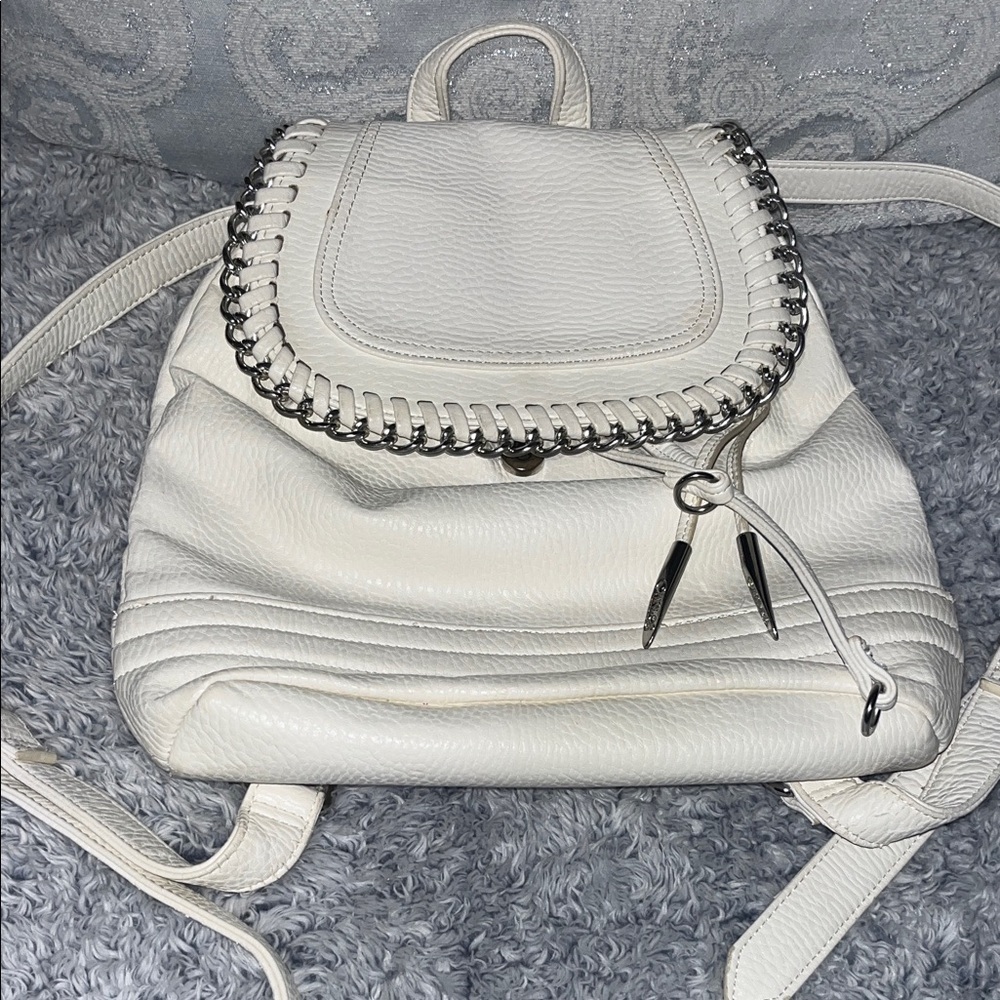 Elegant White Leather Backpack with Silver Accents